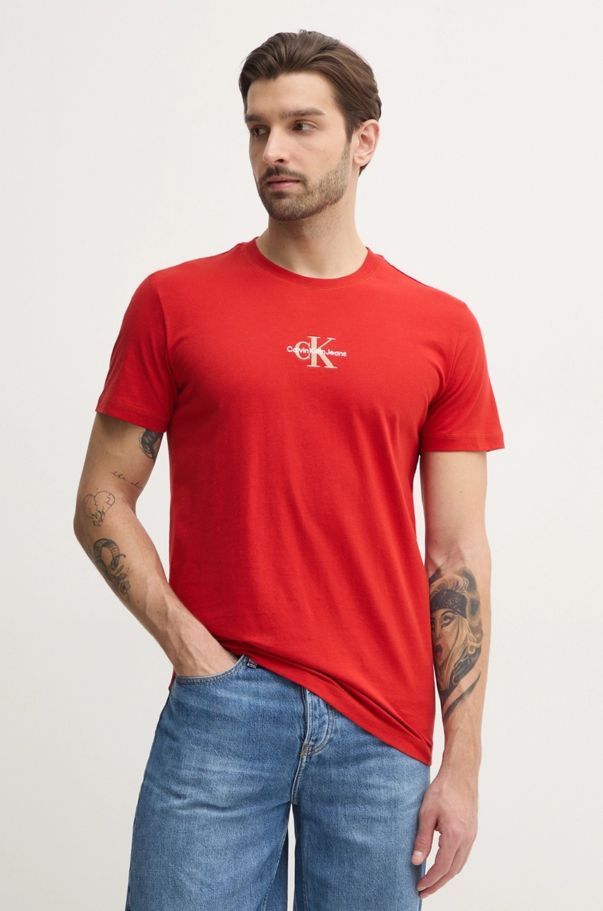 Βαμβακερό μπλουζάκι Calvin Klein Jeans ανδρικά, χρώμα: κόκκινο, J30J325649
