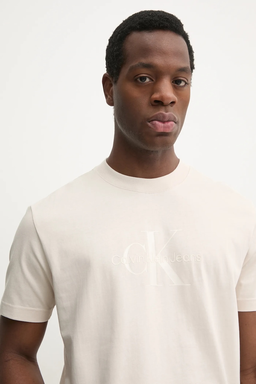 Βαμβακερό μπλουζάκι Calvin Klein Jeans ανδρικό, χρώμα: μπεζ, J30J327109