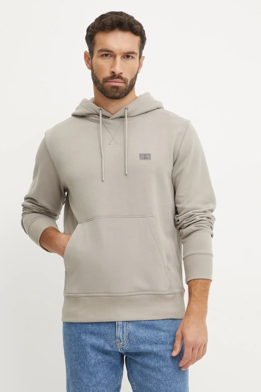 Βαμβακερή μπλούζα Calvin Klein Jeans χρώμα: γκρι, με κουκούλα, J30J327113