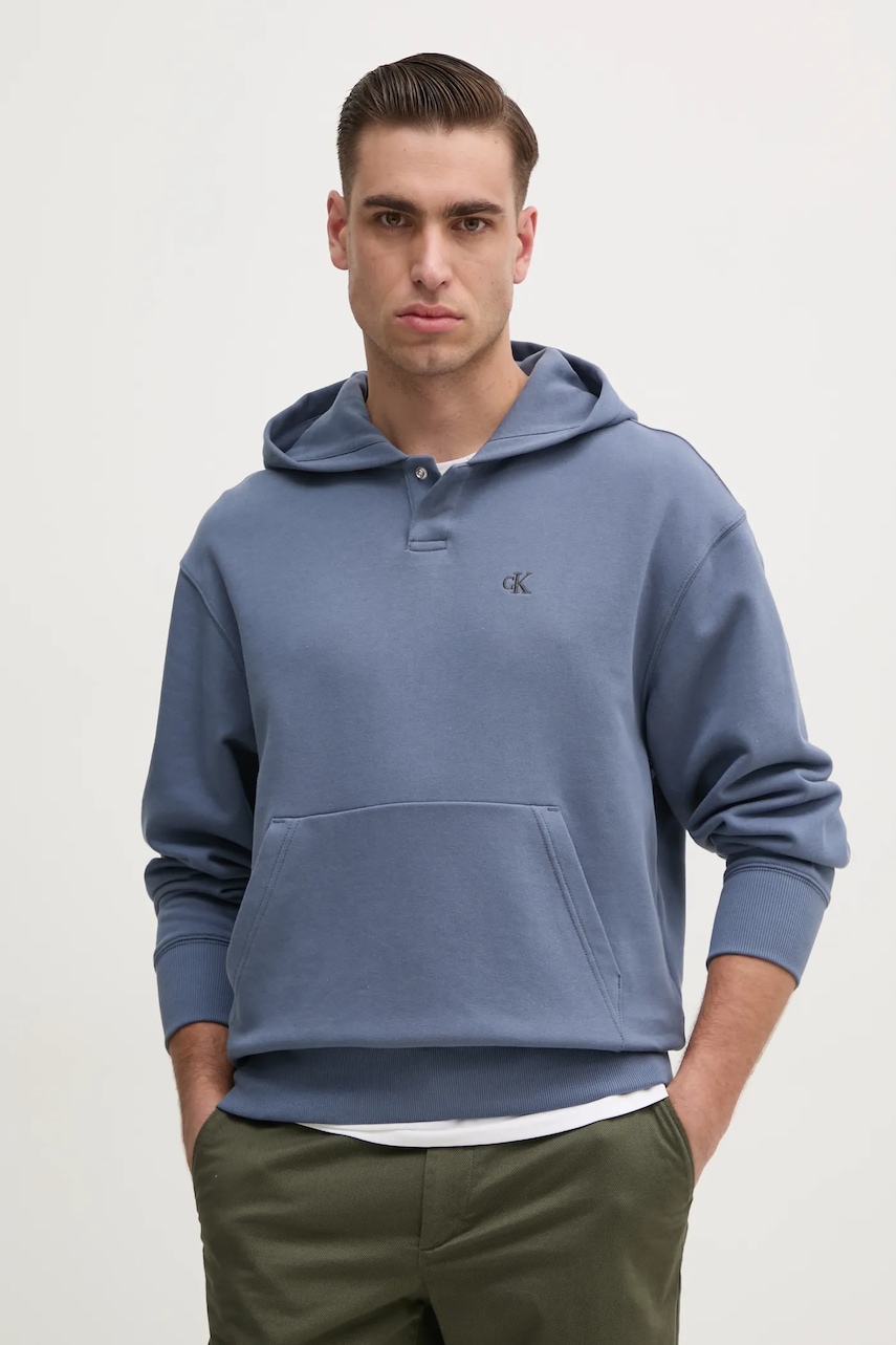 Βαμβακερή μπλούζα Calvin Klein Jeans χρώμα: μπλε, με κουκούλα, J30J327227