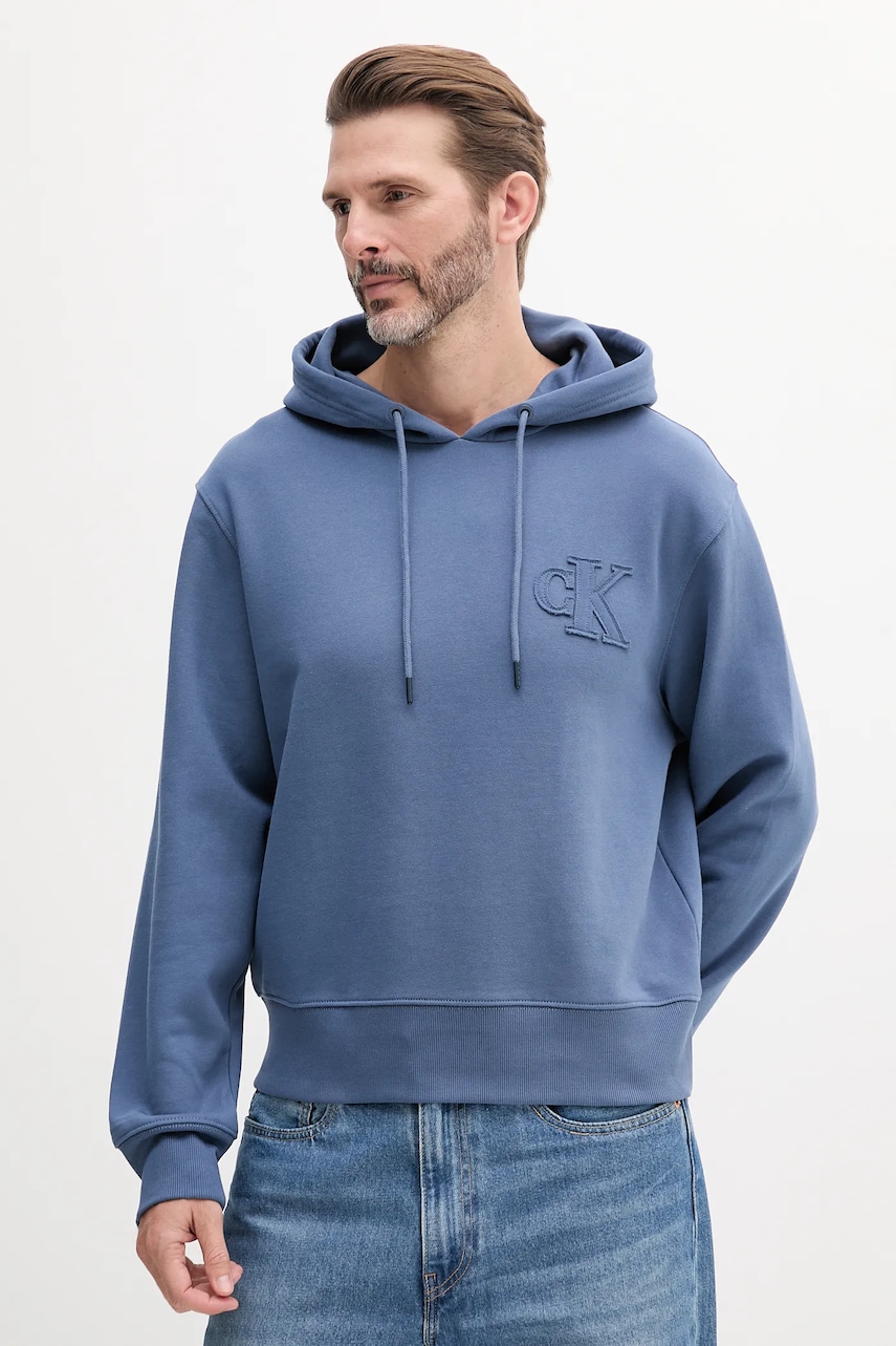 Βαμβακερή μπλούζα Calvin Klein Jeans χρώμα: μπλε, με κουκούλα, J30J327245