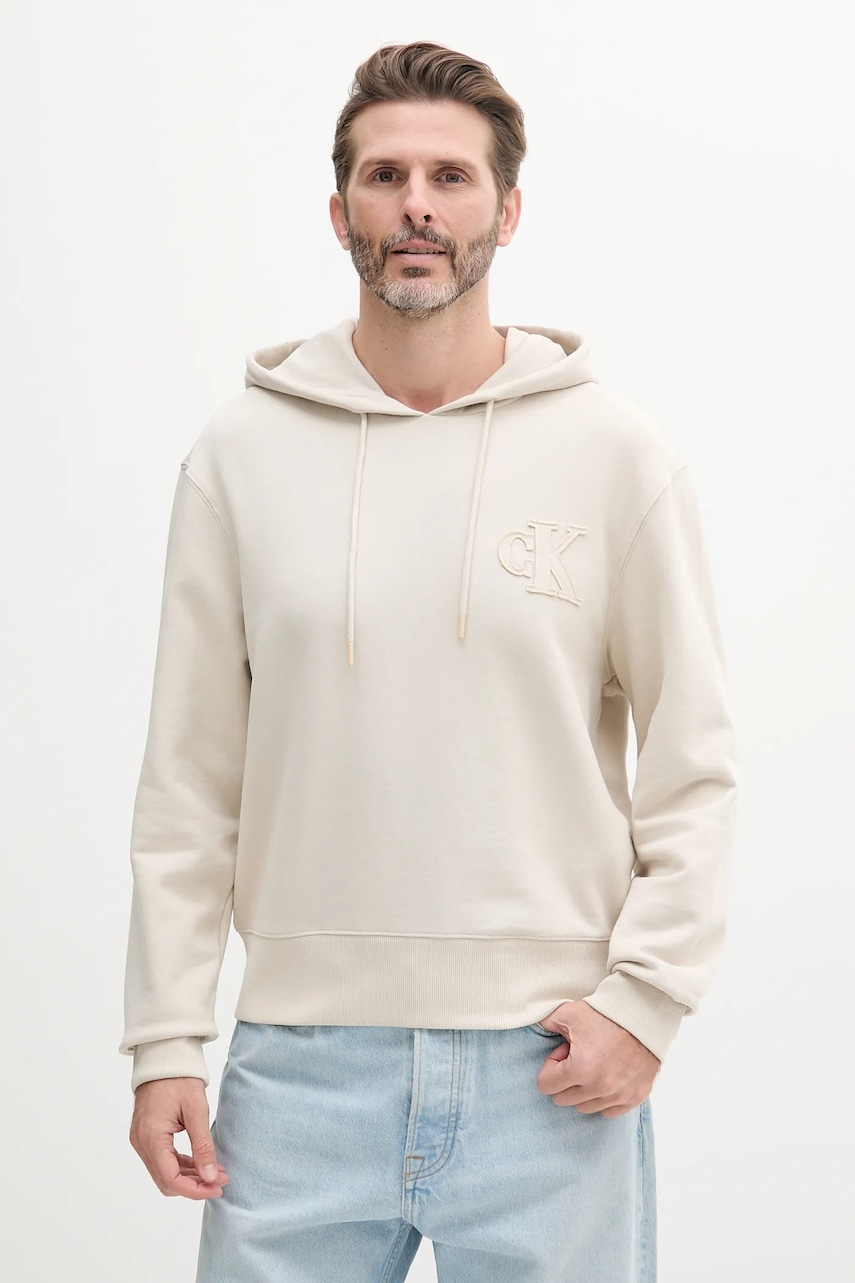 Βαμβακερή μπλούζα Calvin Klein Jeans χρώμα: μπεζ, με κουκούλα, J30J327245