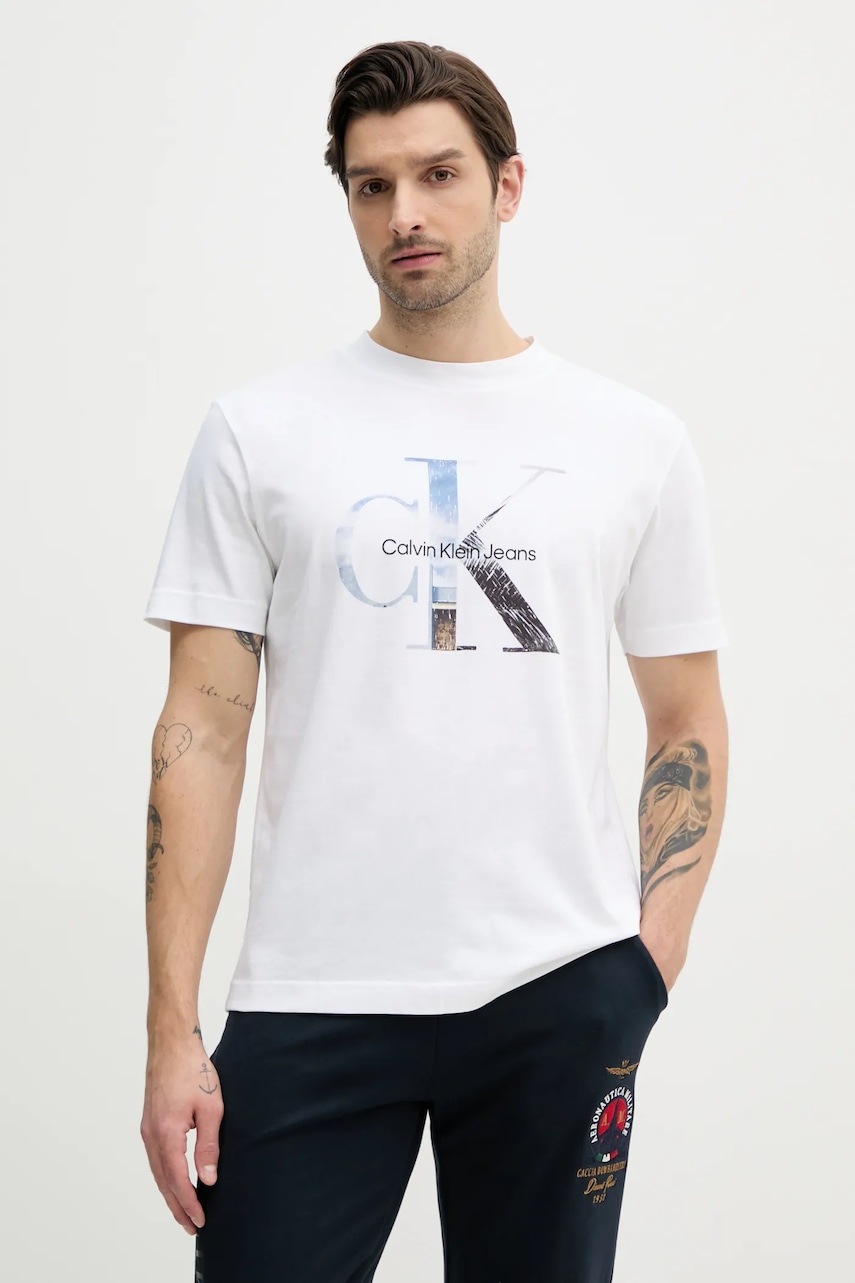 Βαμβακερό μπλουζάκι Calvin Klein Jeans ανδρικό, χρώμα: άσπρο, J30J327483