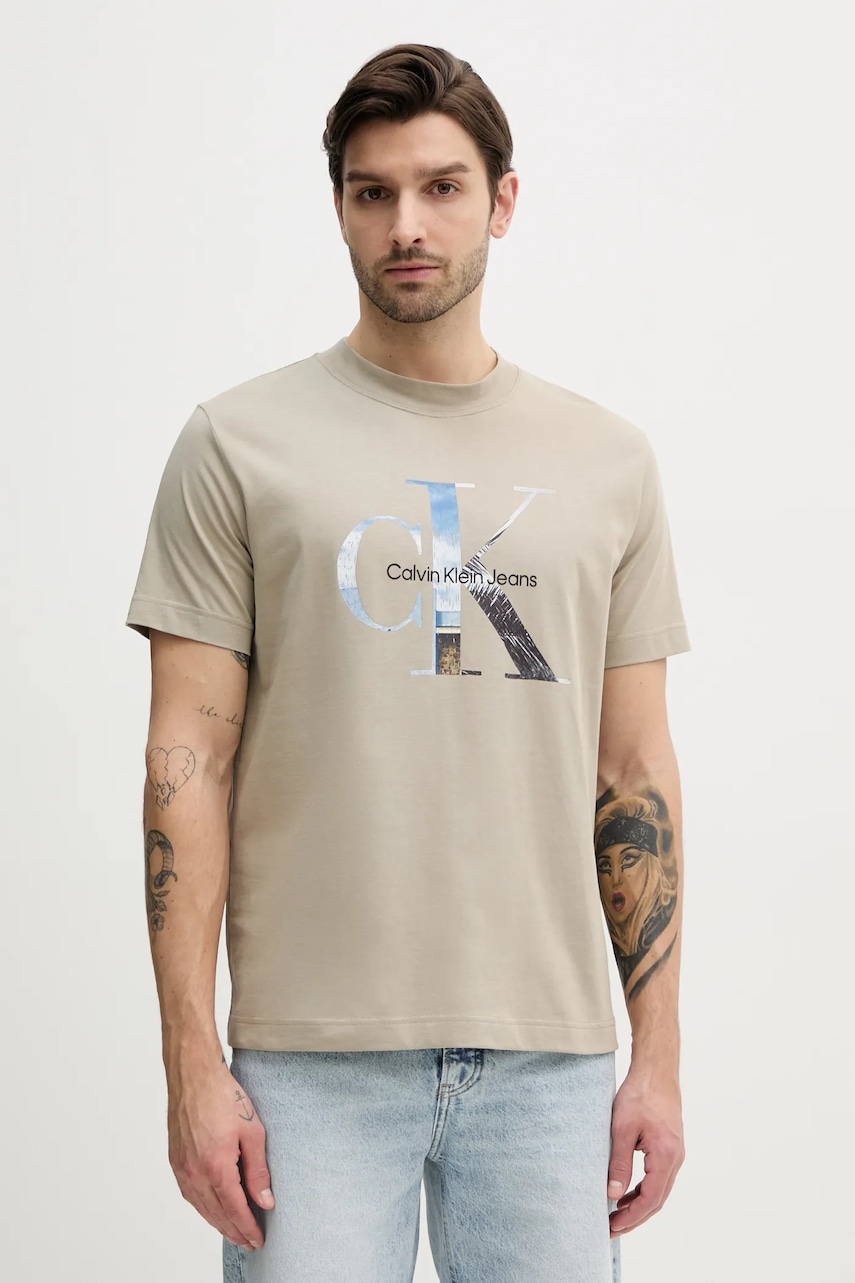 Βαμβακερό μπλουζάκι Calvin Klein Jeans ανδρικό, χρώμα: μπεζ, J30J327483