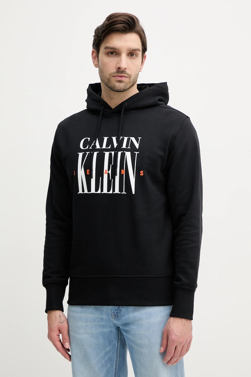 Βαμβακερή μπλούζα Calvin Klein Jeans χρώμα: μαύρο, με κουκούλα, J30J327520