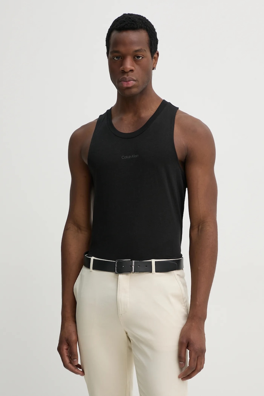 Μπλουζάκι με λινό μείγμα Calvin Klein χρώμα: μαύρο, KM0KM01139