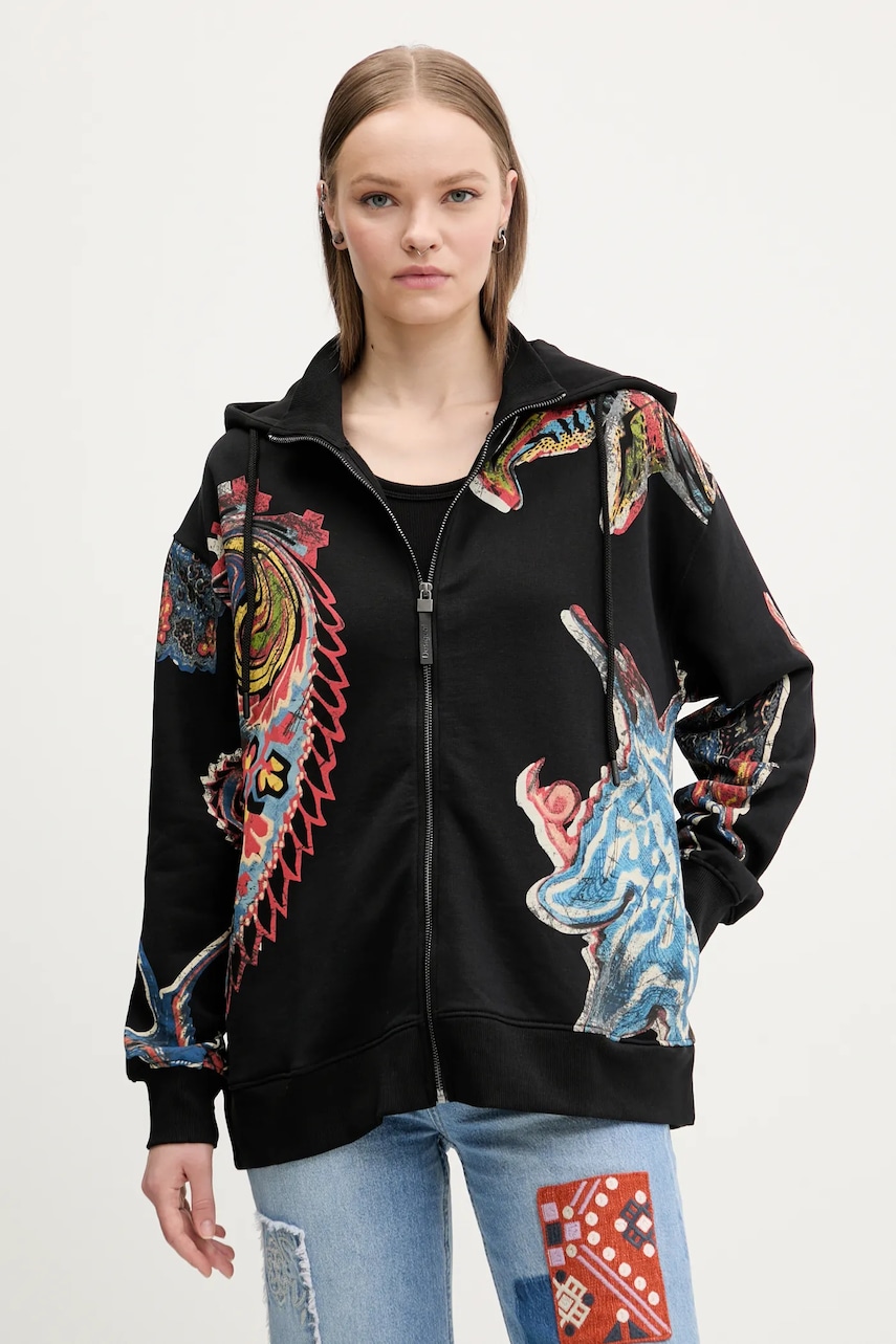Βαμβακερή μπλούζα Desigual MELTED PAISLEYS γυναικεία, χρώμα: μαύρο, με κουκούλα, 25SWSK01