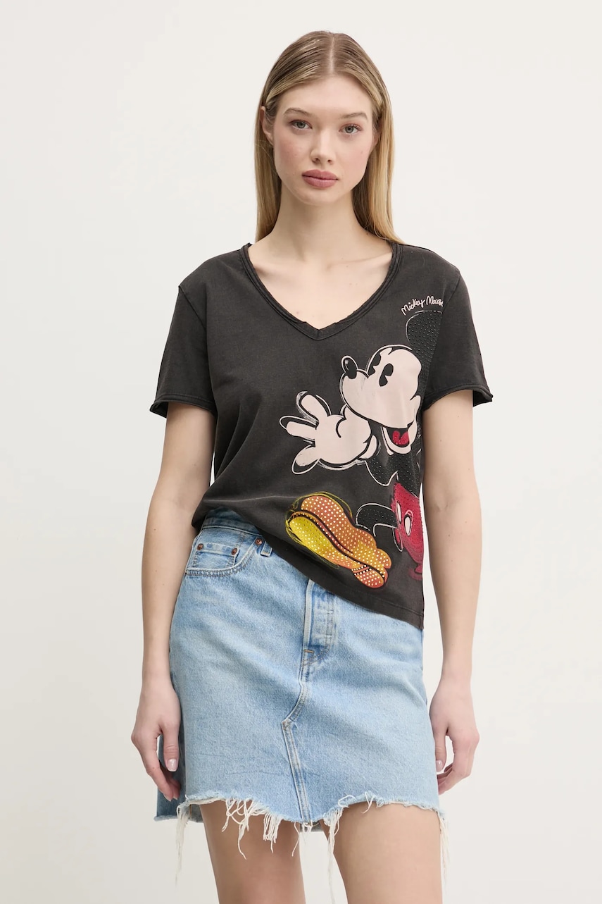 Βαμβακερό μπλουζάκι Desigual MICKEY JOKER γυναικείο, χρώμα: γκρι, 25SWTKAG