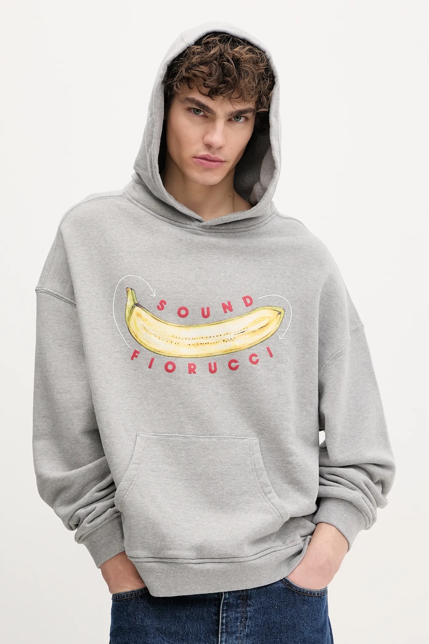 Βαμβακερή μπλούζα Fiorucci Banana Sound Print Relaxed Fit Hoodie χρώμα: γκρι, με κουκούλα, U02SPSHO092CJ05GY01