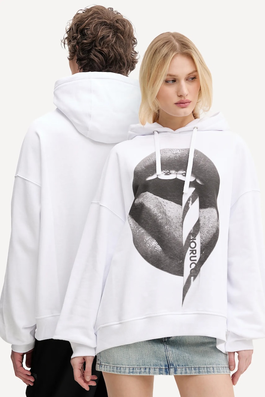 Βαμβακερή μπλούζα Fiorucci Mouth Print Relaxed Fit Hoodie χρώμα: άσπρο, με κουκούλα, U02SPSHO092CJ05WH05