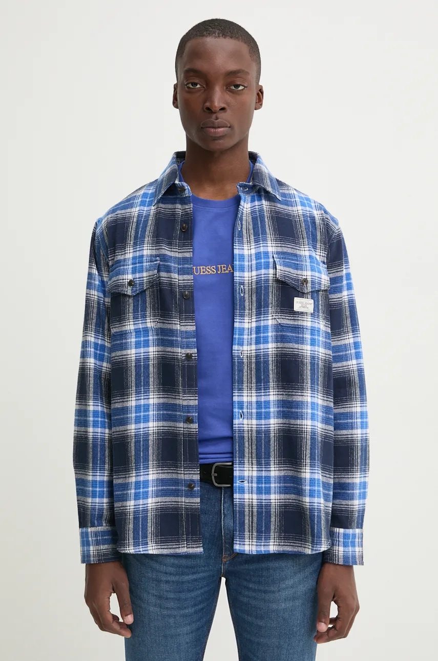 Βαμβακερό πουκάμισο Guess Jeans ανδρικό, χρώμα: ναυτικό μπλε, M4BH64 WGMH1