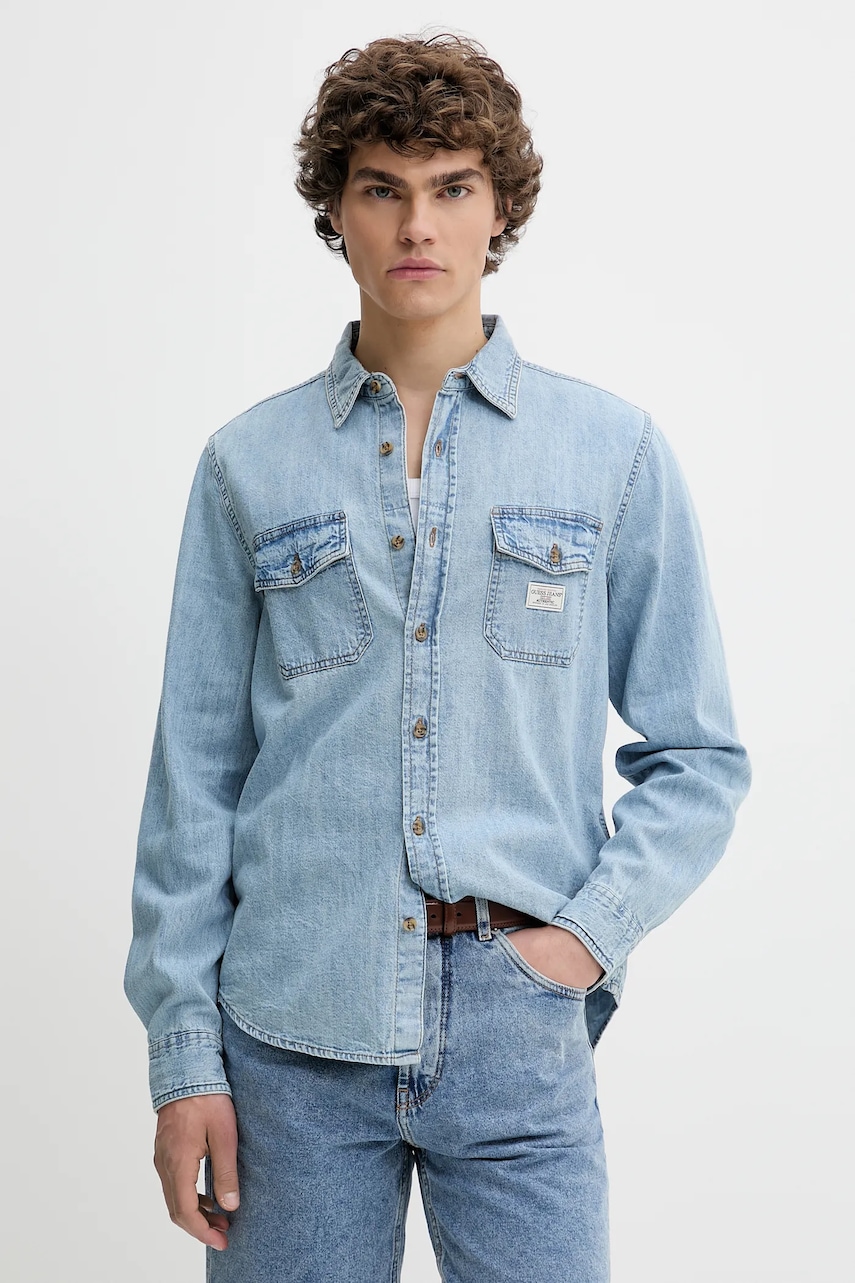Βαμβακερό πουκάμισο Guess Jeans ανδρικά, χρώμα: μπλε, M5GH56 D5M82