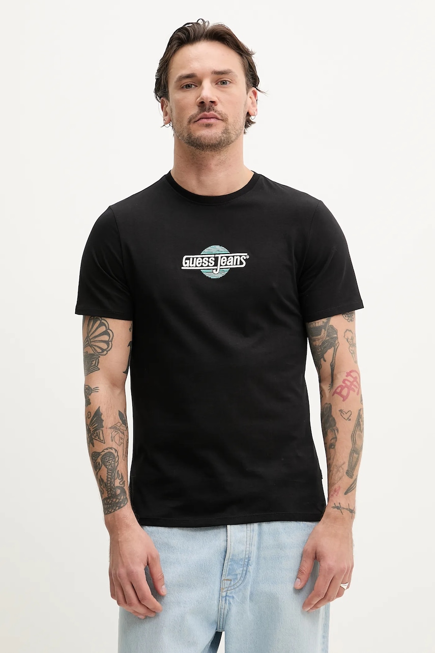 Βαμβακερό μπλουζάκι Guess Jeans ανδρικό, χρώμα: μαύρο, M5GI23 K8HM0