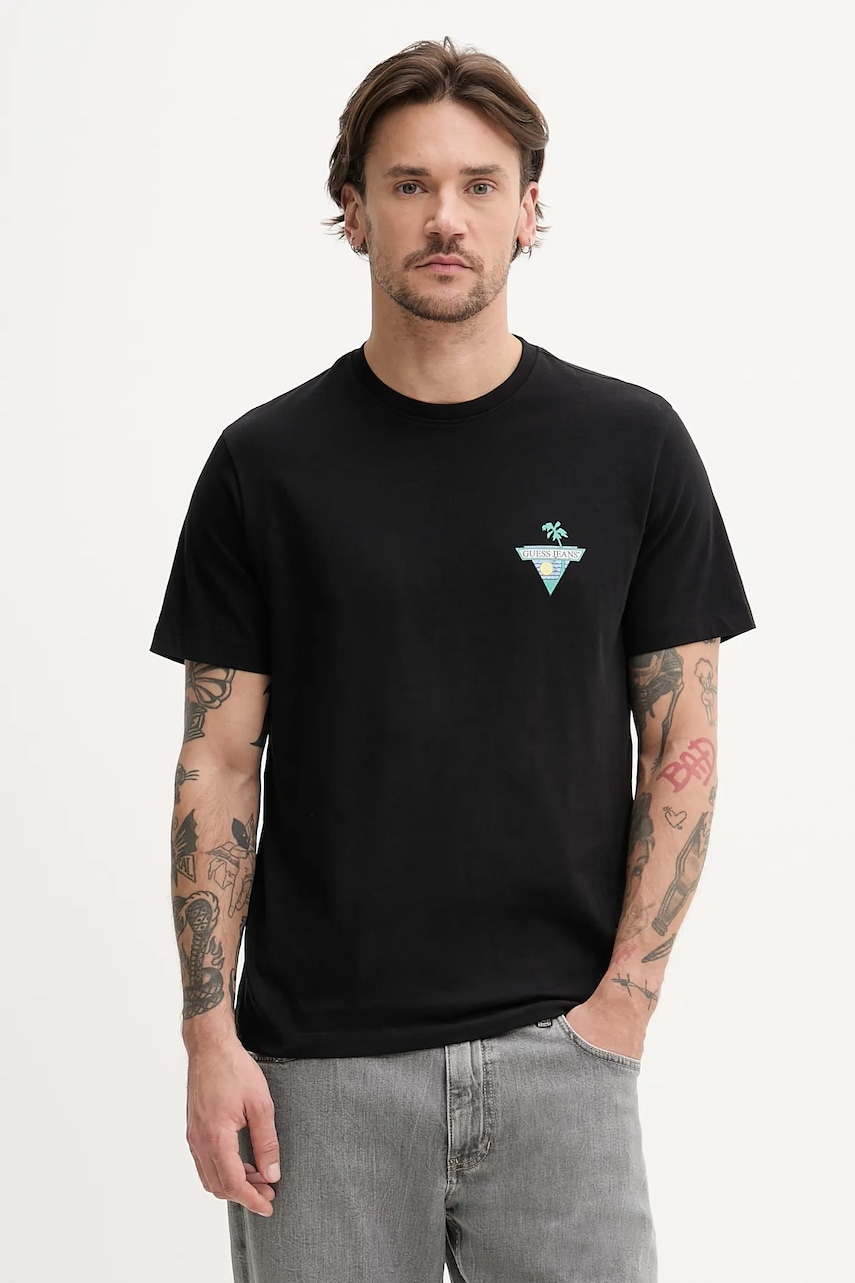 Βαμβακερό μπλουζάκι Guess Jeans ανδρικό, χρώμα: μαύρο, M5GI55 K8FQ4