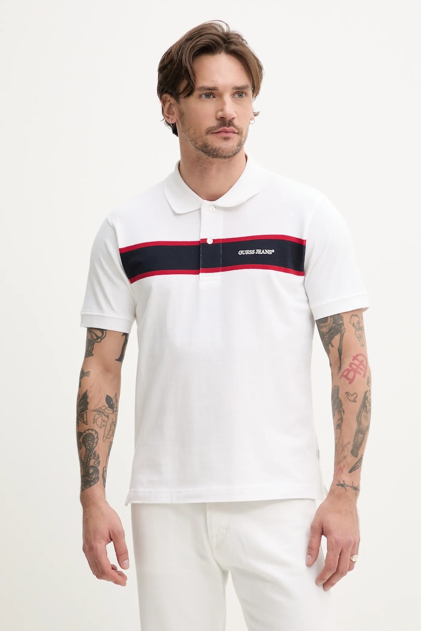 Βαμβακερό μπλουζάκι πόλο Guess Jeans ανδρικό, χρώμα: άσπρο, M5GP29 KCJV1