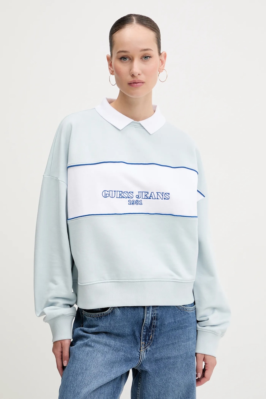 Βαμβακερή μπλούζα Guess Jeans γυναικεία, χρώμα: μπλε, W5GQ17 K68I4