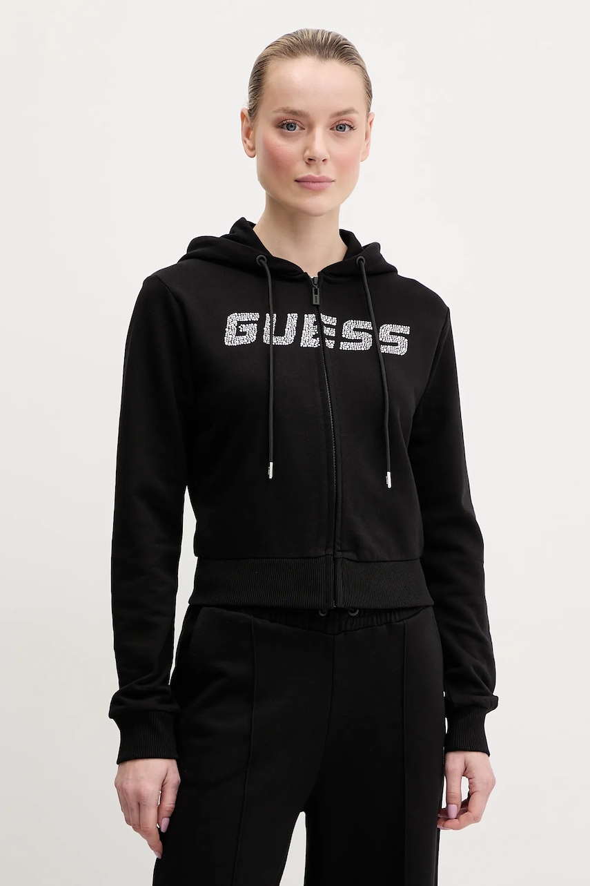 Βαμβακερή μπλούζα Guess PRIMULA γυναικεία, χρώμα: μαύρο, με κουκούλα, V5GQ10 KCRP0