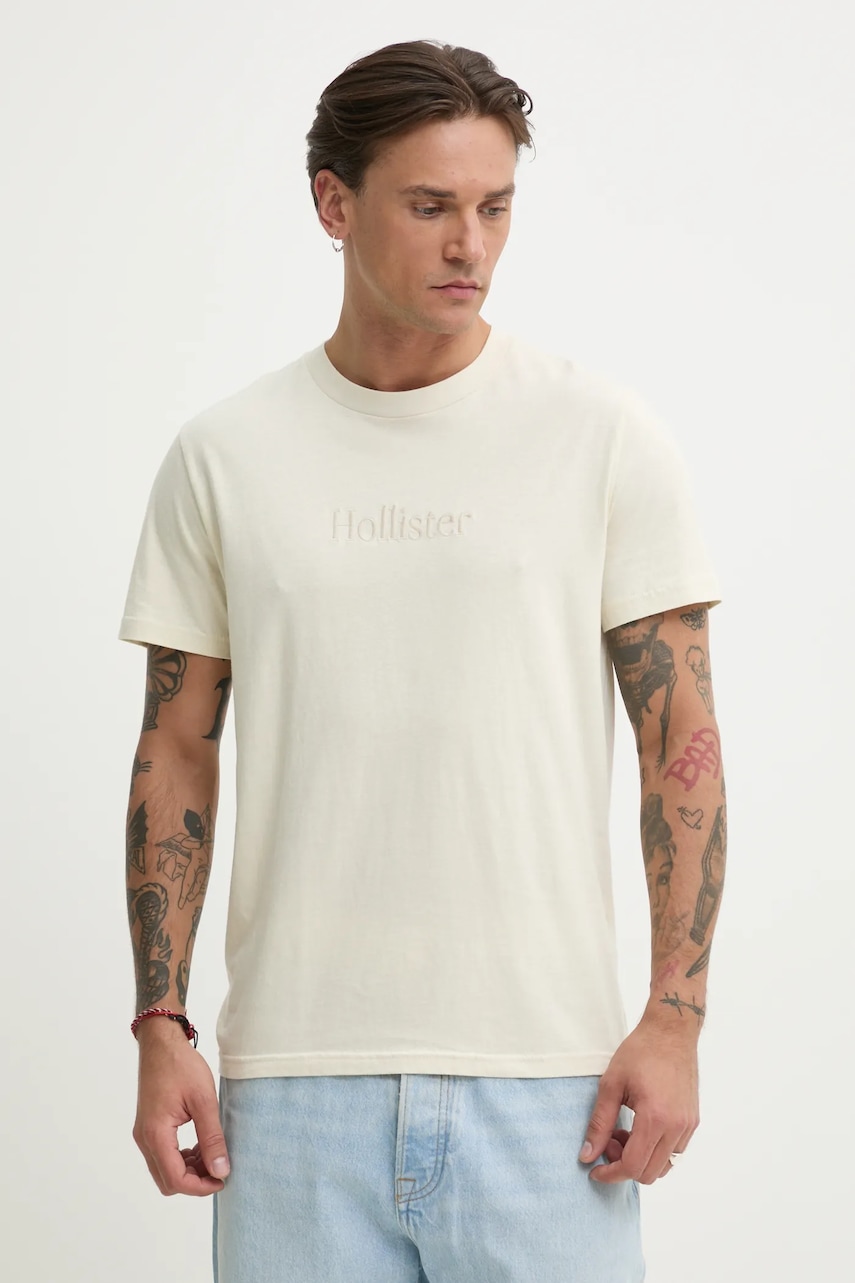 Βαμβακερό μπλουζάκι Hollister Co. ανδρικό, χρώμα: μπεζ, KI323-5134