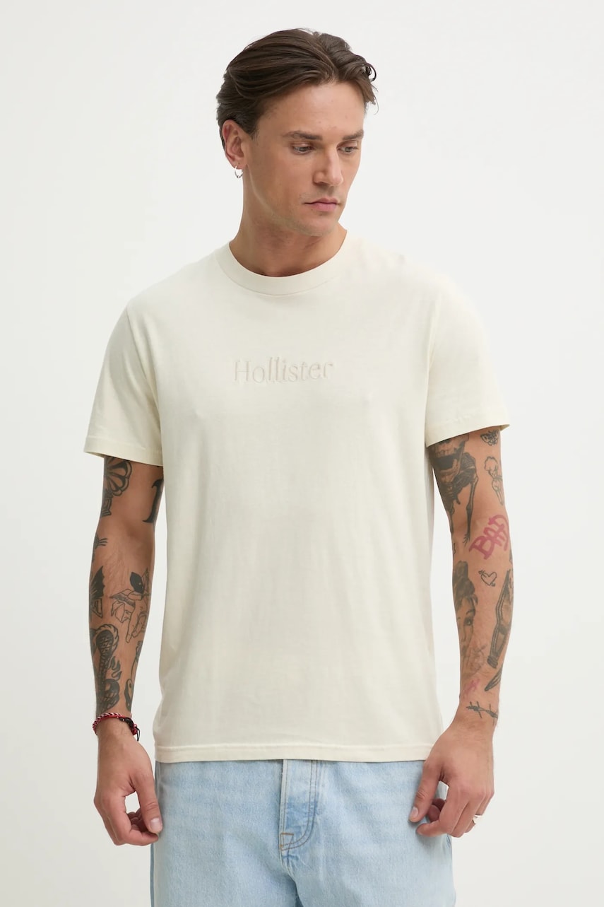 Βαμβακερό μπλουζάκι Hollister Co. ανδρικό, χρώμα: μπεζ, KI323-5134