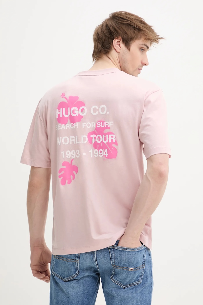 Βαμβακερό μπλουζάκι Hugo Blue ανδρικό, χρώμα: ροζ, 50536126