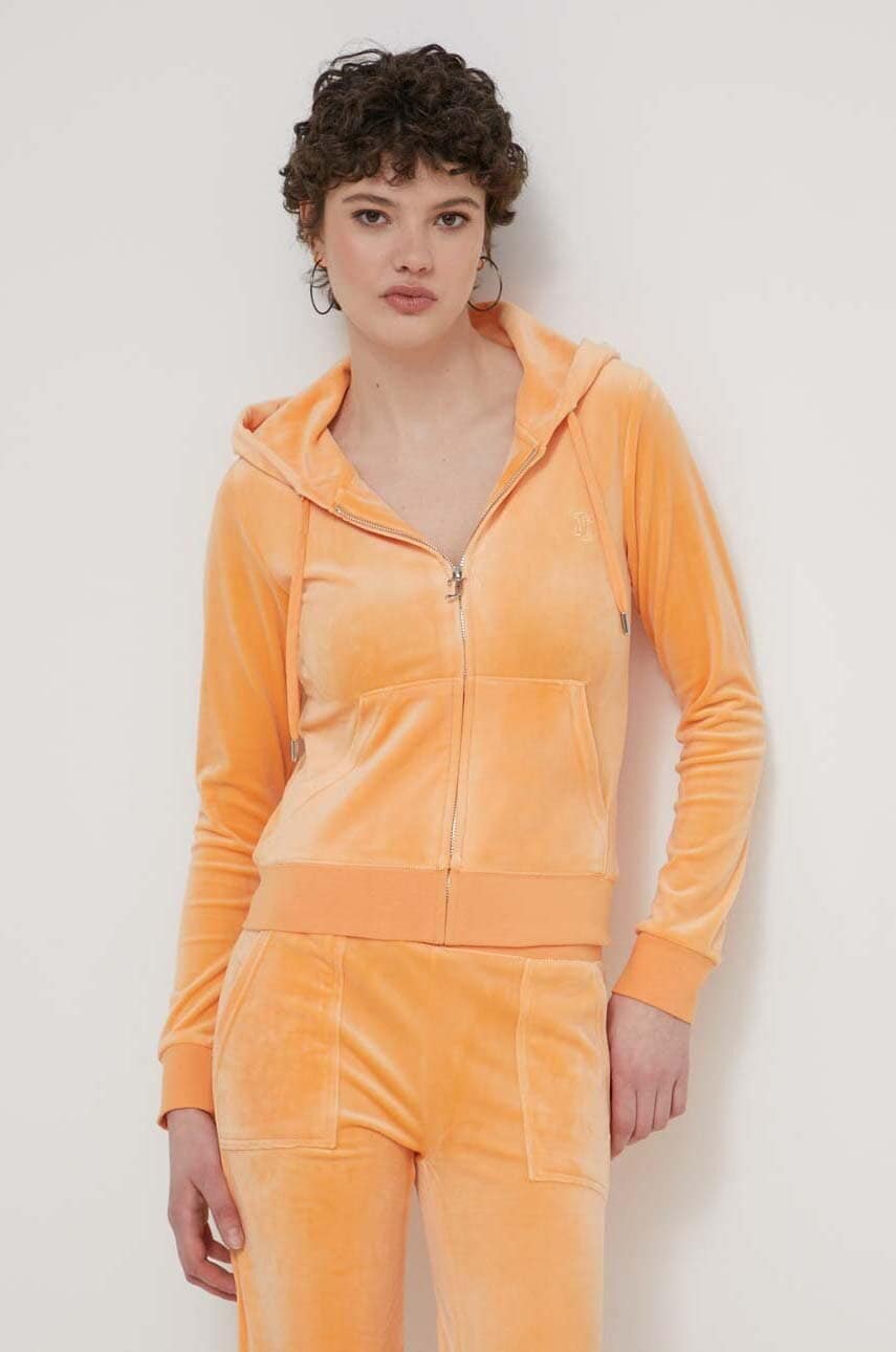 Βελούδινη μπλούζα Juicy Couture χρώμα: πορτοκαλί, με κουκούλα