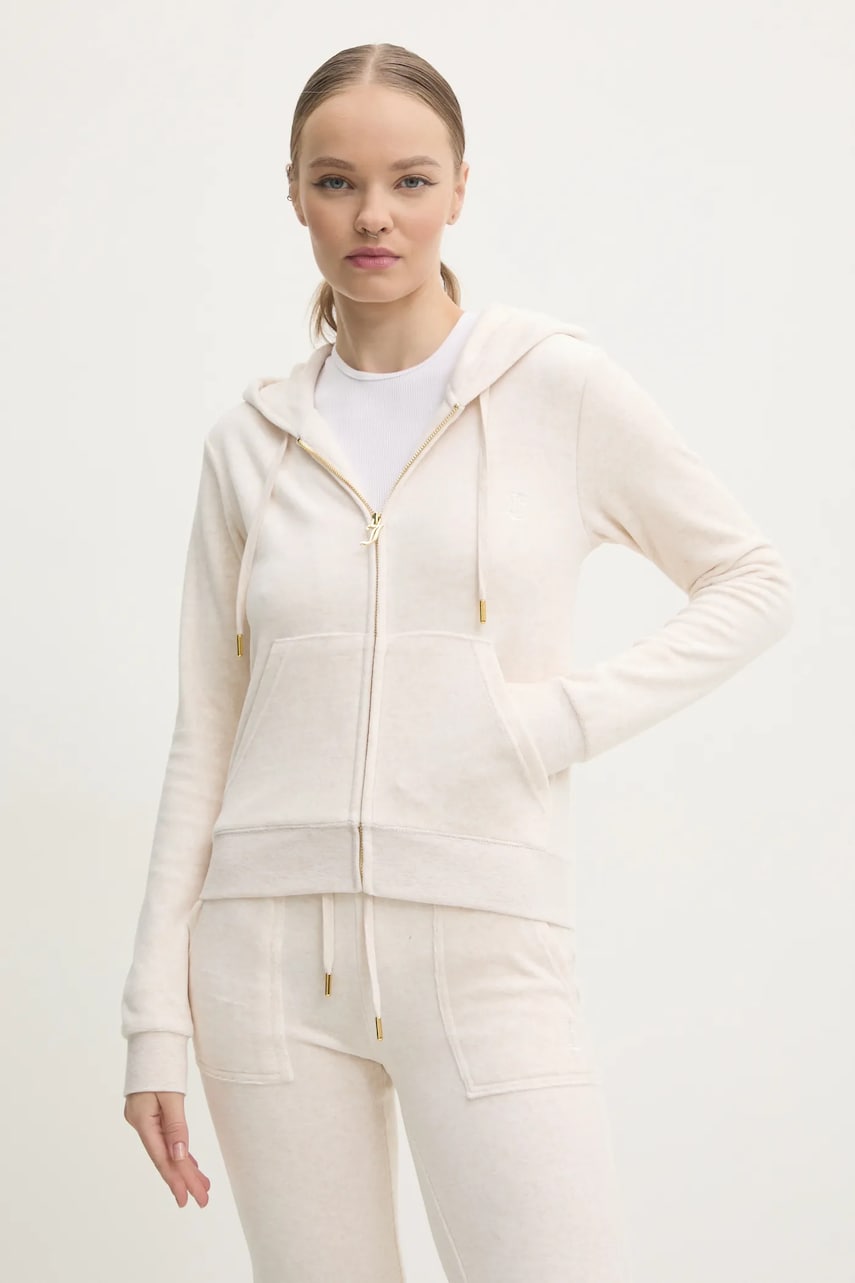 Βελούδινη μπλούζα Juicy Couture ROBERTSON GOLD χρώμα: μπεζ, με κουκούλα, JCAP176G