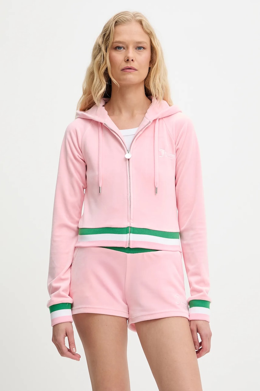 Μπλούζα Juicy Couture VELOUR CROPPED STRIPE HOODIE χρώμα: ροζ, με κουκούλα, JCWAS225351