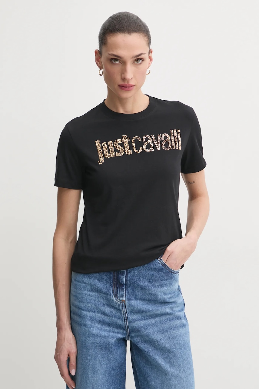 Βαμβακερό μπλουζάκι Just Cavalli γυναικείο, χρώμα: μαύρο, 78PAHE15 CJ110