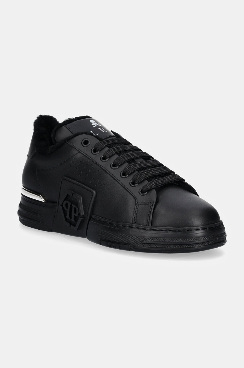 Δερμάτινα αθλητικά παπούτσια Philipp Plein Nappa Lo-Top Fur Hexagon χρώμα: μαύρο, USC0691 PLE075N 0202