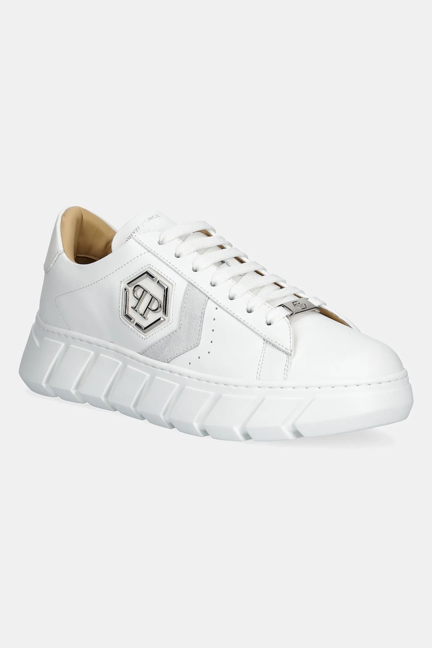 Δερμάτινα αθλητικά παπούτσια Philipp Plein Nappa Lo-Top Hexagon χρώμα: άσπρο, USC0698 PLE075N 01