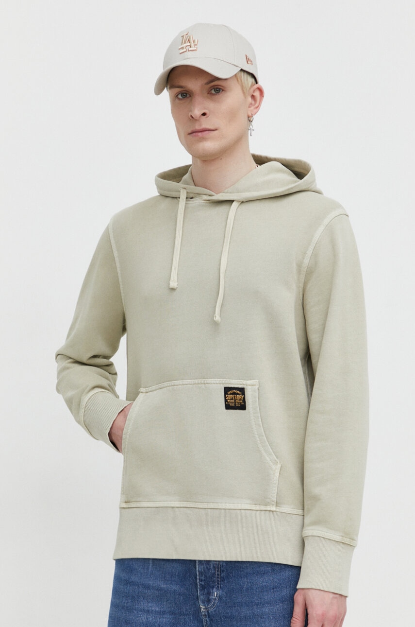Βαμβακερή μπλούζα Superdry χρώμα: μπεζ, με κουκούλα