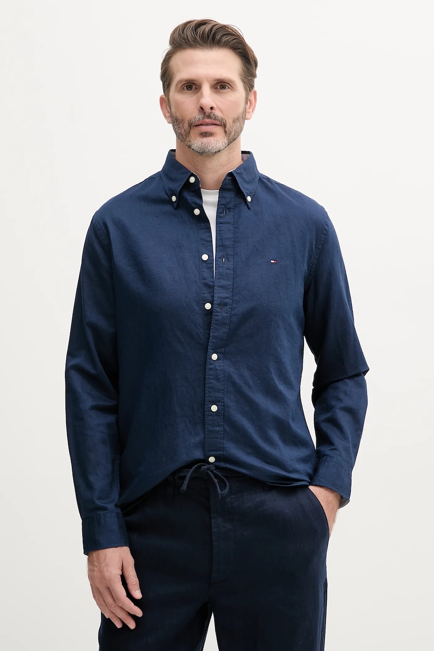 Πουκάμισο με μείγμα από λινό Tommy Hilfiger ανδρικό, χρώμα: ναυτικό μπλε, MW0MW40702