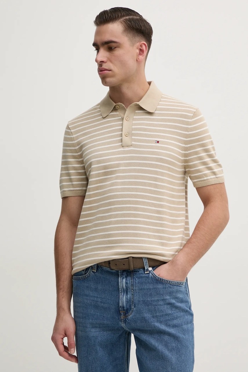 Βαμβακερό μπλουζάκι πόλο Tommy Hilfiger ανδρικό, χρώμα: μπεζ, MW0MW37396
