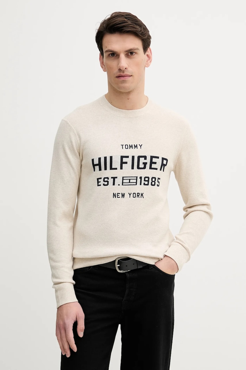 Βαμβακερό πουλόβερ Tommy Hilfiger ανδρικό, χρώμα: μπεζ, MW0MW39533