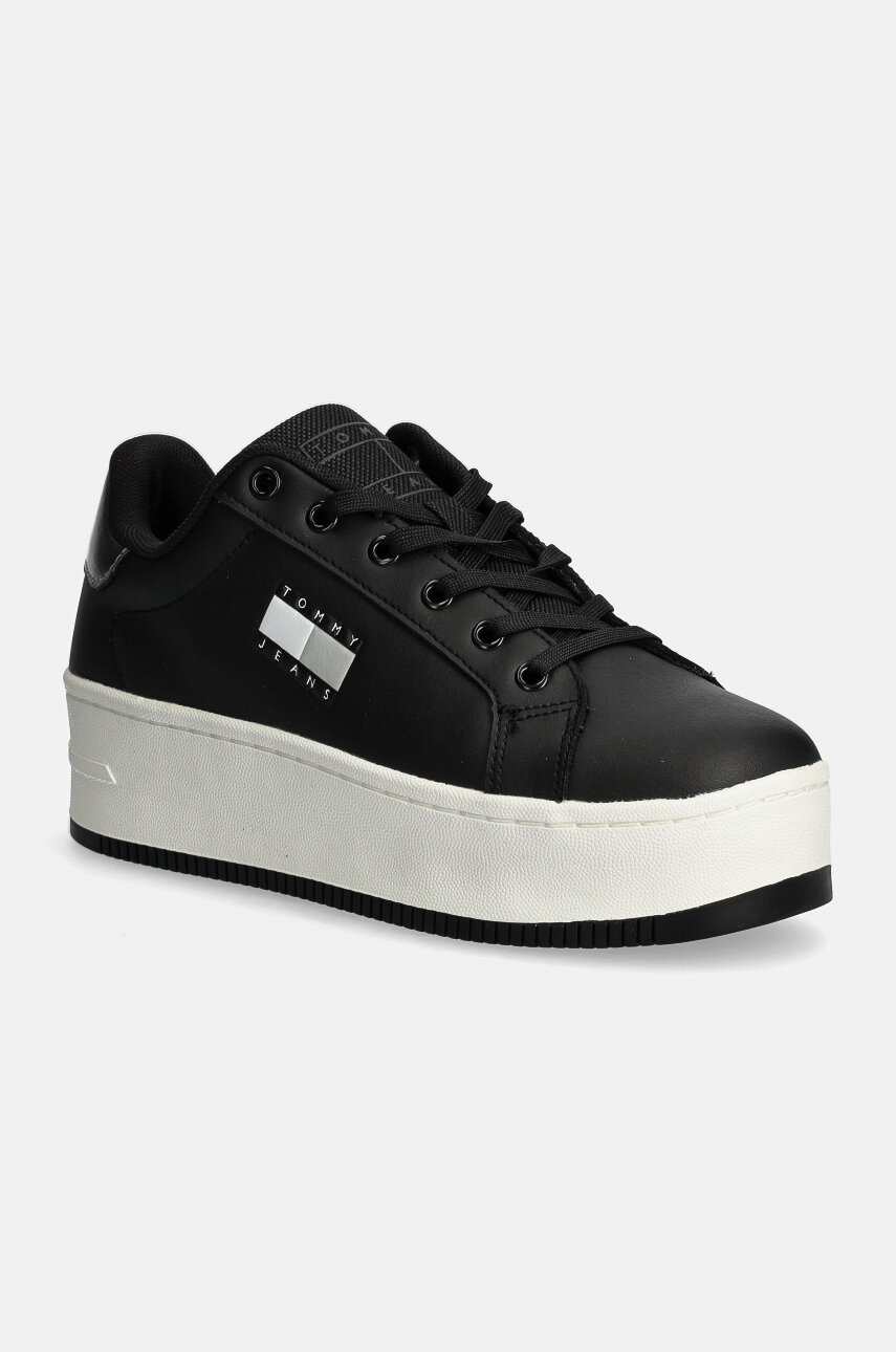 Δερμάτινα αθλητικά παπούτσια Tommy Jeans TJW FLATFORM SNEAKER METALLIC χρώμα: μαύρο, EN0EN02711