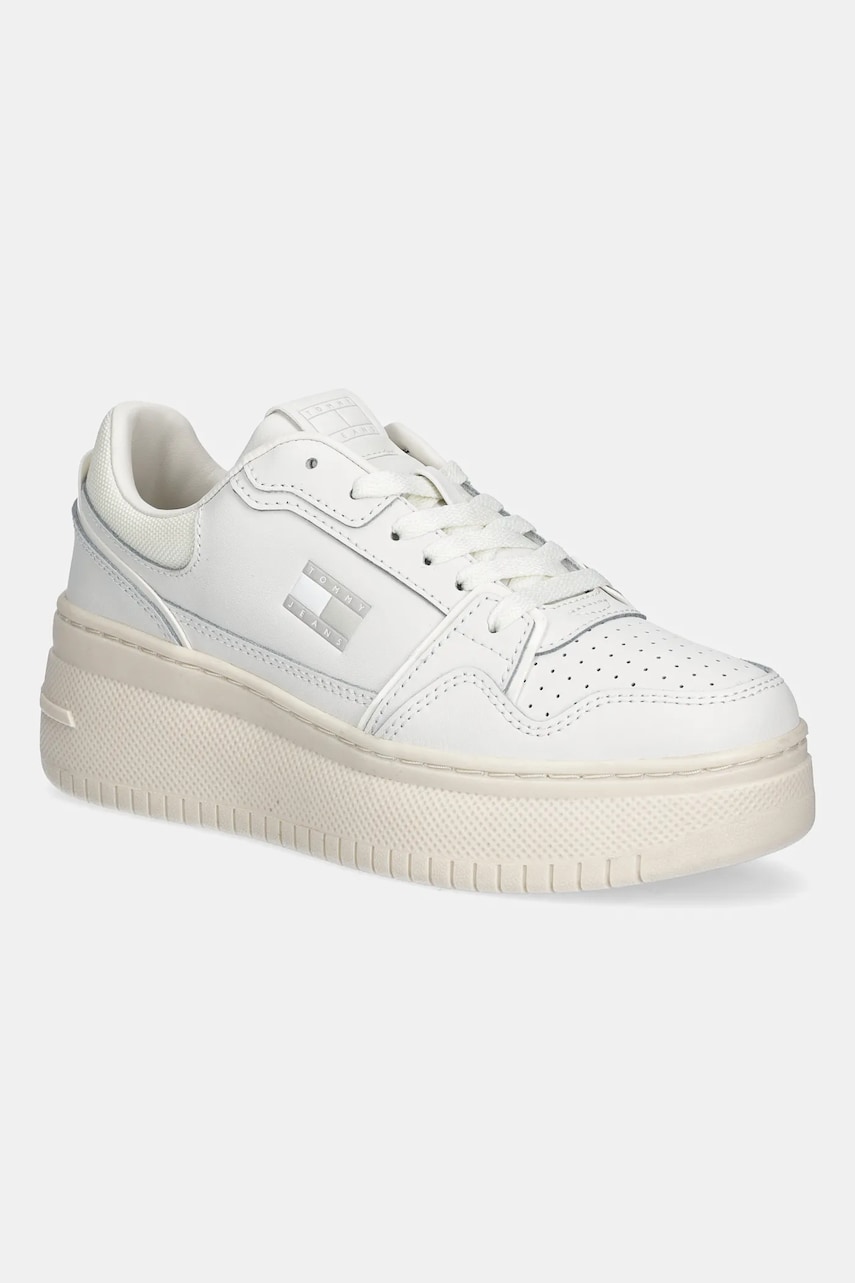 Δερμάτινα αθλητικά παπούτσια Tommy Jeans TJW RETRO BASKET FLATFORM χρώμα: άσπρο, EN0EN02840