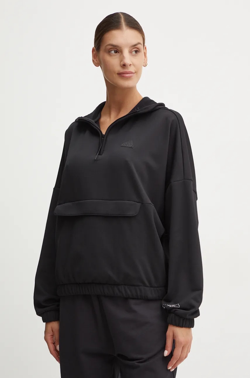 Μπλούζα adidas City Escape χρώμα: μαύρο, με κουκούλα, IV7524
