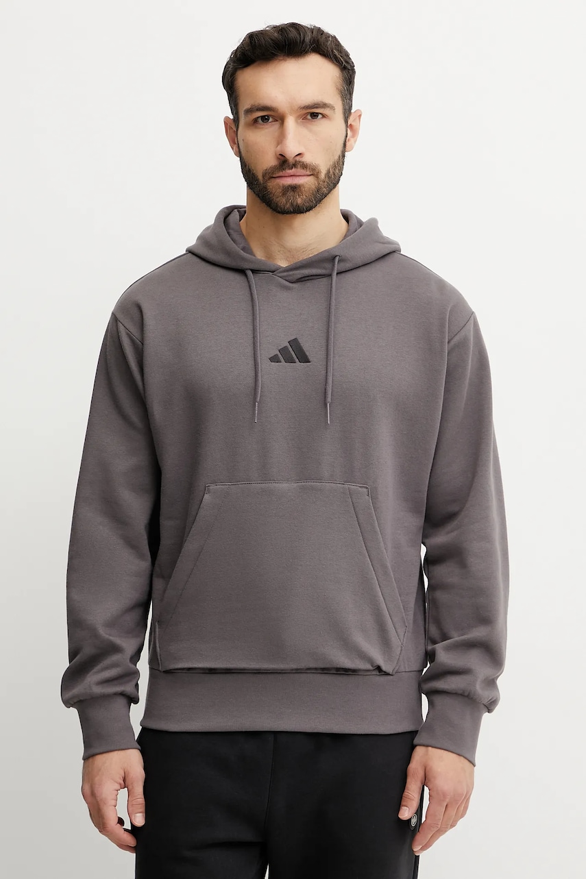 Μπλούζα adidas Feelcozy χρώμα: καφέ, με κουκούλα, IN6068