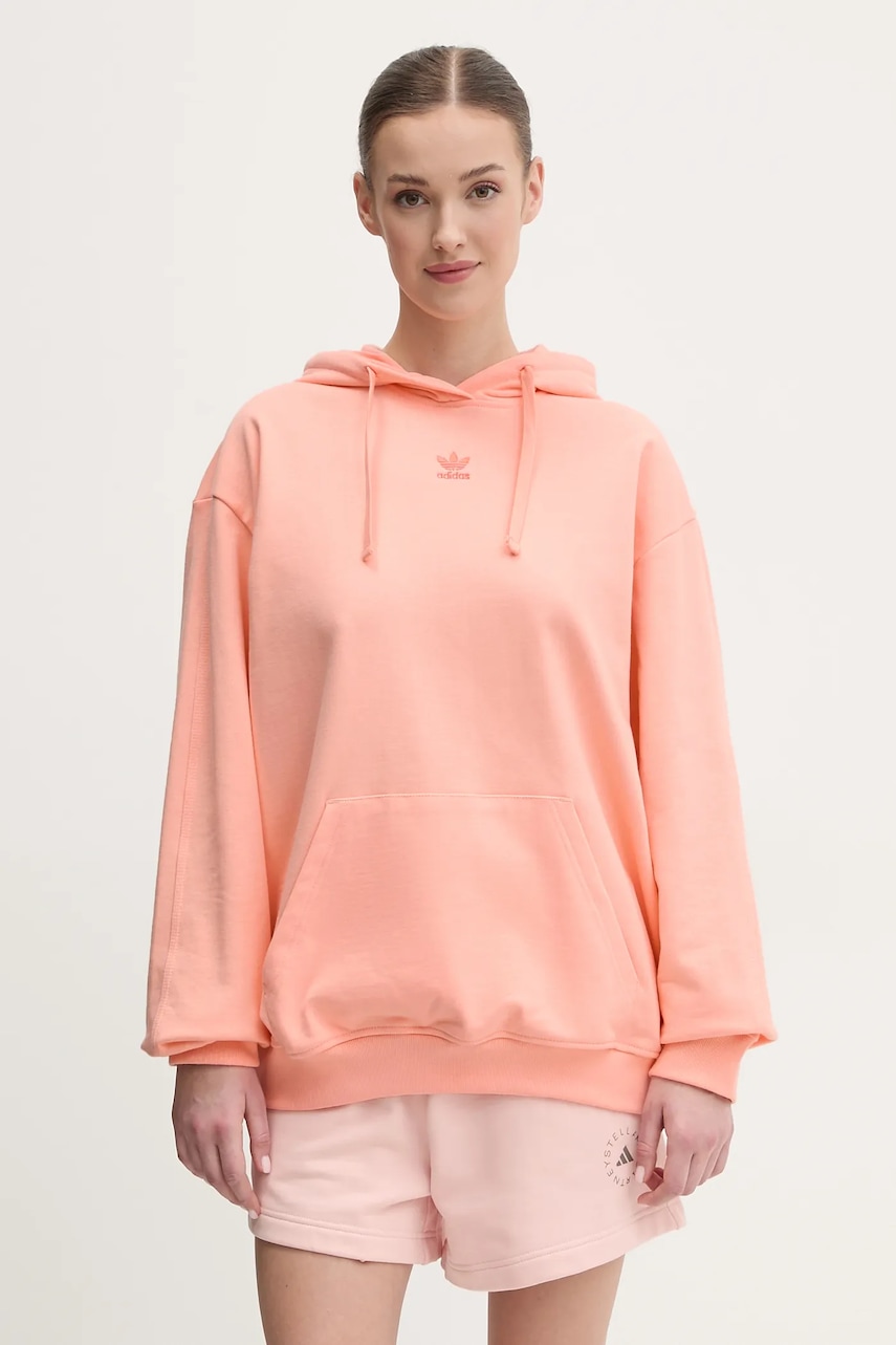 Βαμβακερή μπλούζα adidas Originals Essential γυναικεία, χρώμα: πορτοκαλί, με κουκούλα, JJ3499