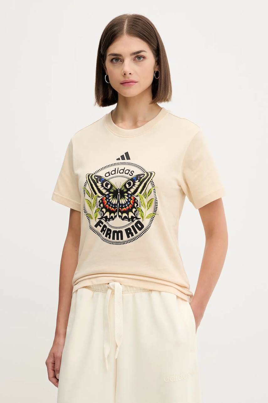 Βαμβακερό μπλουζάκι adidas x Farm Rio χρώμα: μπεζ, JL8614