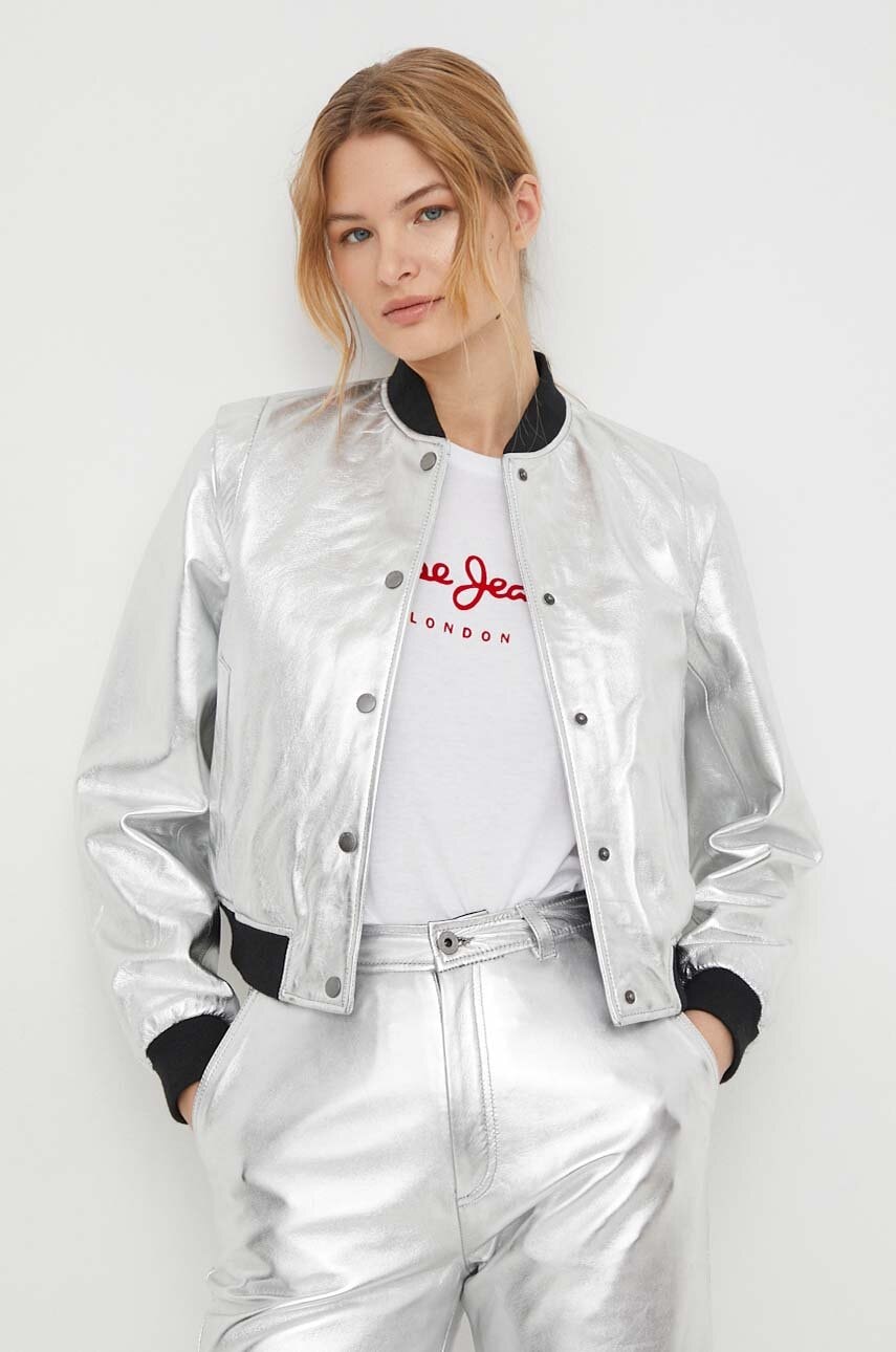 Δερμάτινο μπουφάν bomber Pepe Jeans SELENA χρώμα: ασημί PL402325