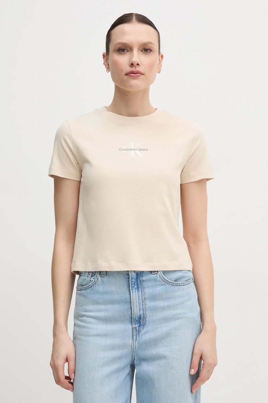 Βαμβακερό μπλουζάκι Calvin Klein Jeans γυναικείο, χρώμα: μπεζ, J20J223113