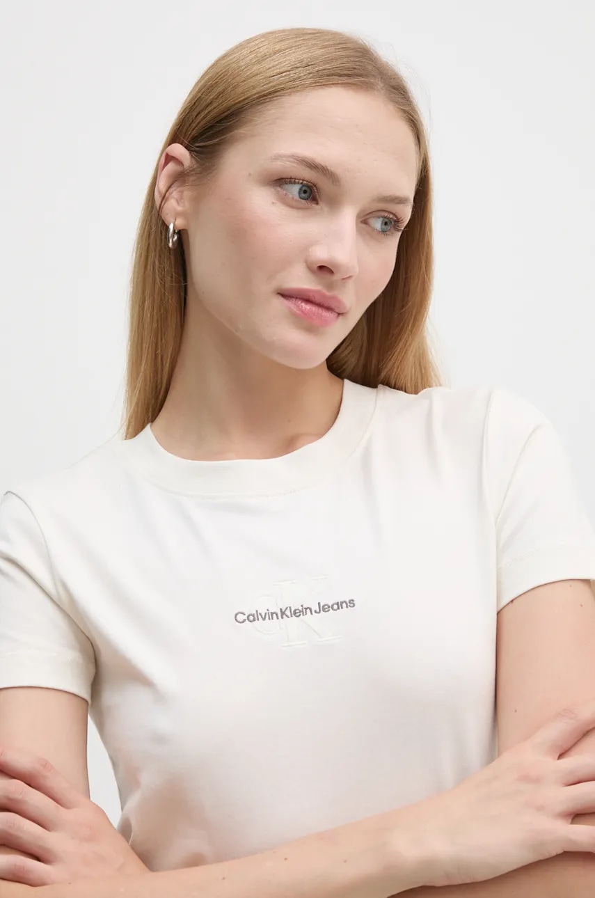 Βαμβακερό μπλουζάκι Calvin Klein Jeans γυναικείο, χρώμα: άσπρο, J20J223563