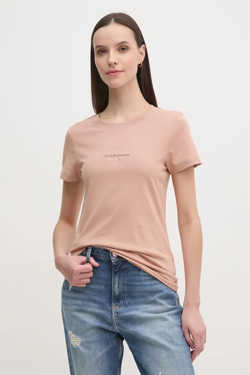 Βαμβακερό μπλουζάκι Calvin Klein Jeans γυναικείο, χρώμα: πορτοκαλί, J20J223563