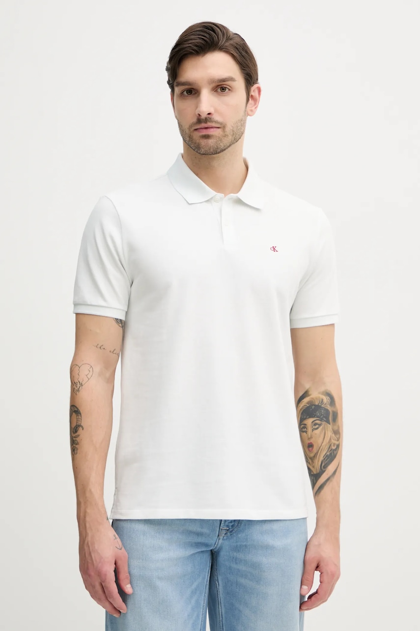 Βαμβακερό μπλουζάκι πόλο Calvin Klein Jeans ανδρικό, χρώμα: άσπρο, LV040EM269