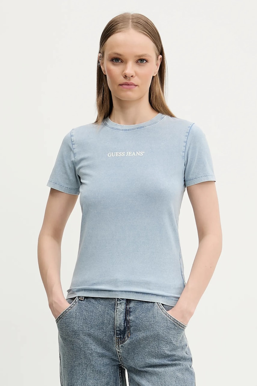 Βαμβακερό μπλουζάκι Guess Jeans γυναικείο, χρώμα: μπλε, W5GI41 KCTL1
