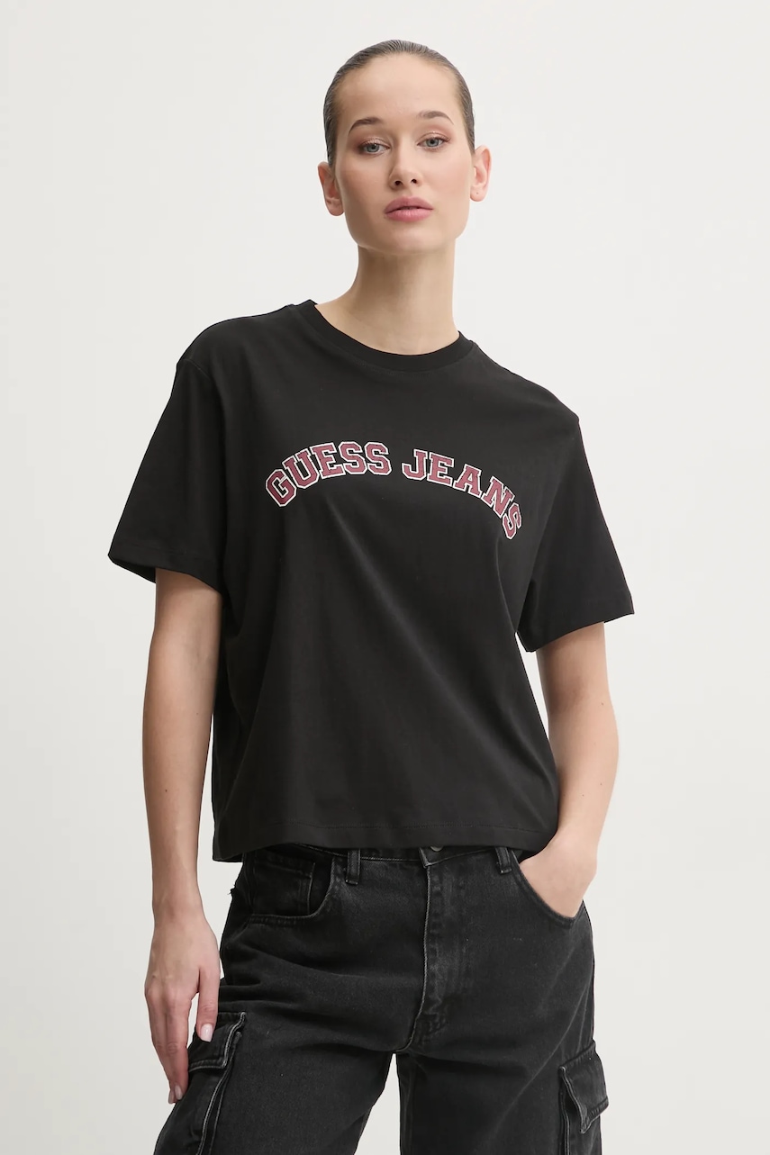 Βαμβακερό μπλουζάκι Guess Jeans γυναικείο, χρώμα: μαύρο, W5RI41 K8HM0