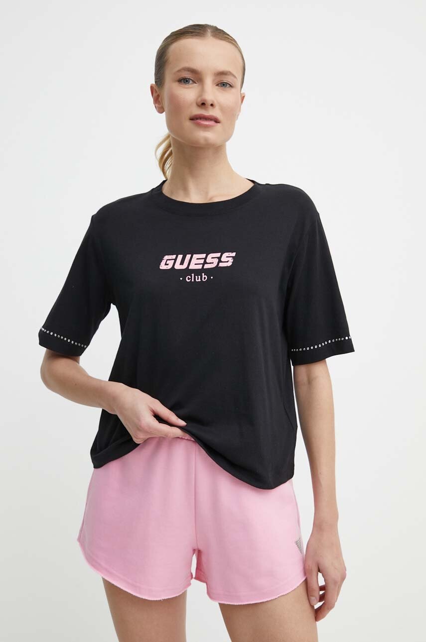 Βαμβακερό μπλουζάκι Guess NATALIA γυναικείο, χρώμα: μαύρο, V4GI11 JA914