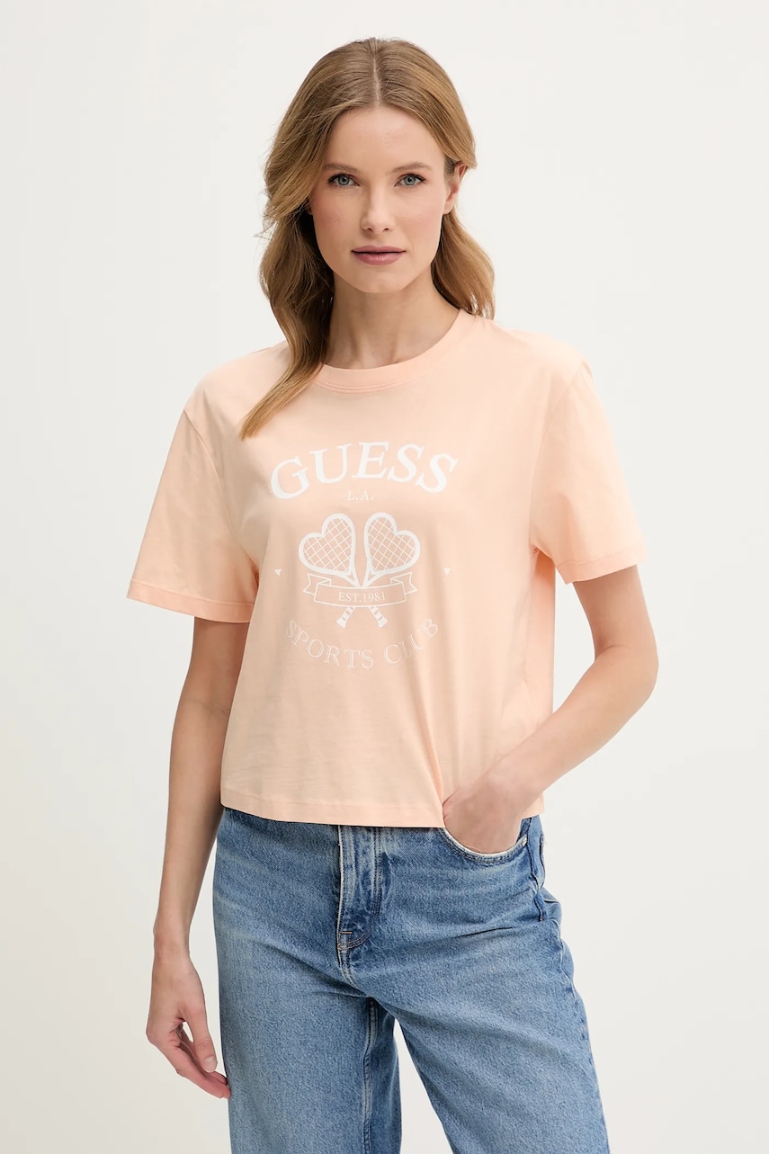 Βαμβακερό μπλουζάκι Guess γυναικείο, χρώμα: πορτοκαλί, V5GI04 I3Z14
