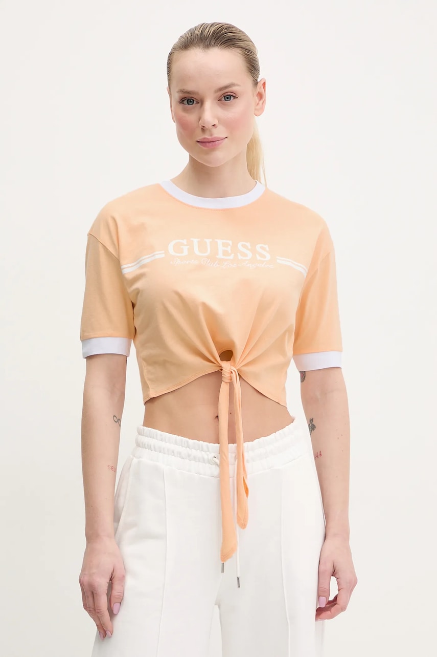 Βαμβακερό μπλουζάκι Guess γυναικείο, χρώμα: πορτοκαλί, V5GI05 I3Z14